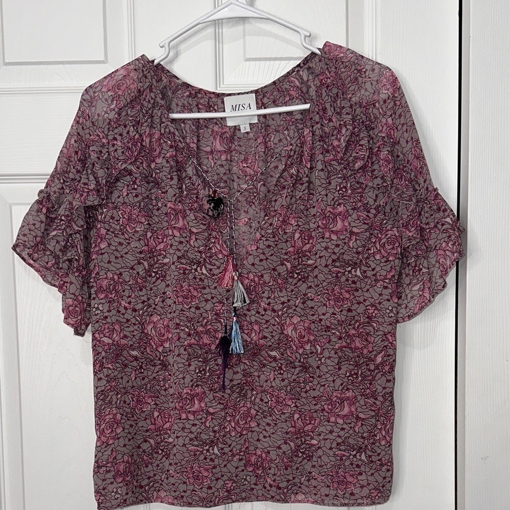 Misa Los Angeles Floral Blouse in Pink and Gray